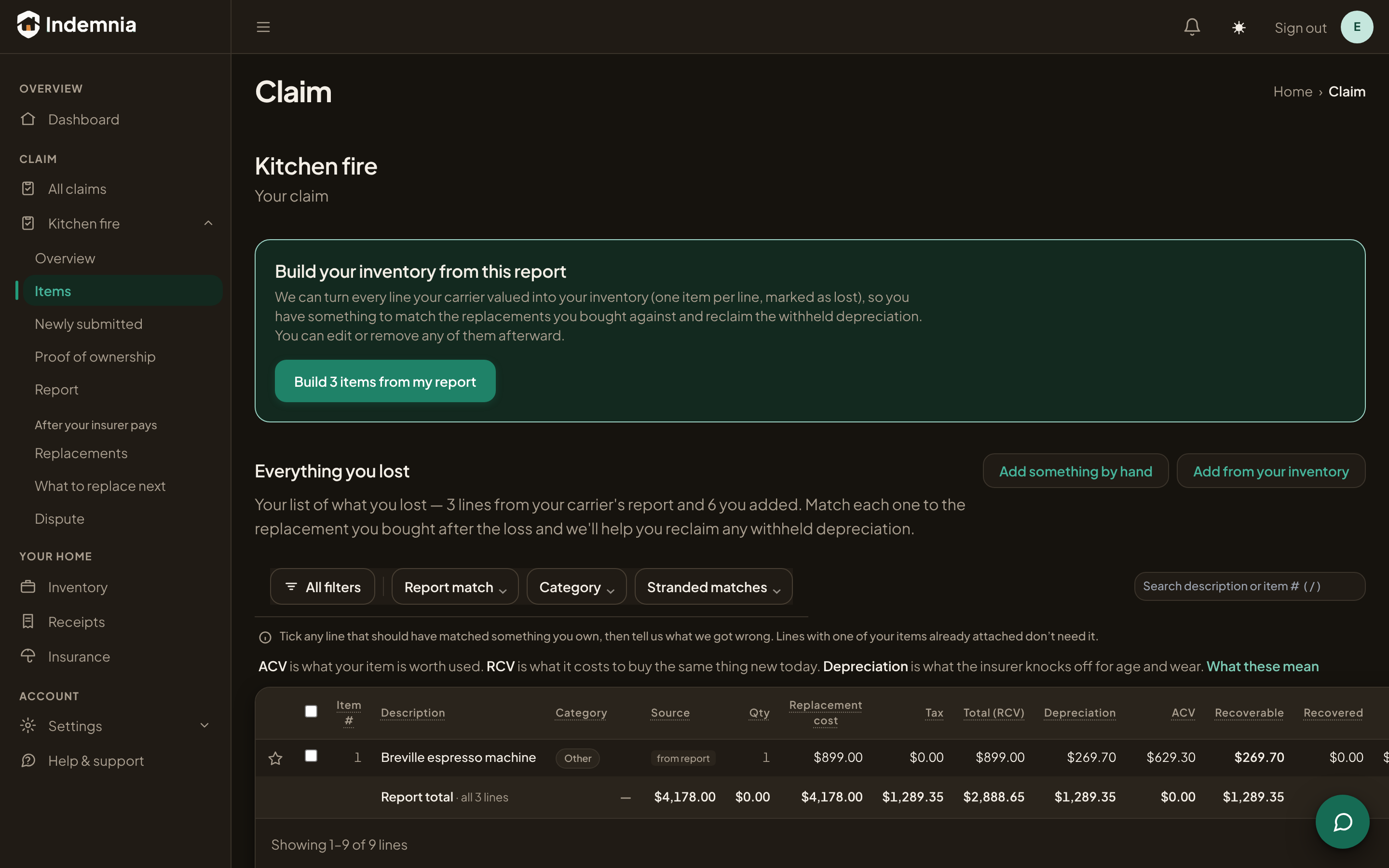 A claim showing what the carrier withheld as depreciation and what replacing each item recovers