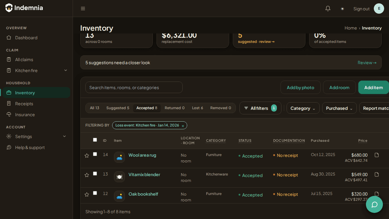A household inventory listing items with their category, purchase date and value