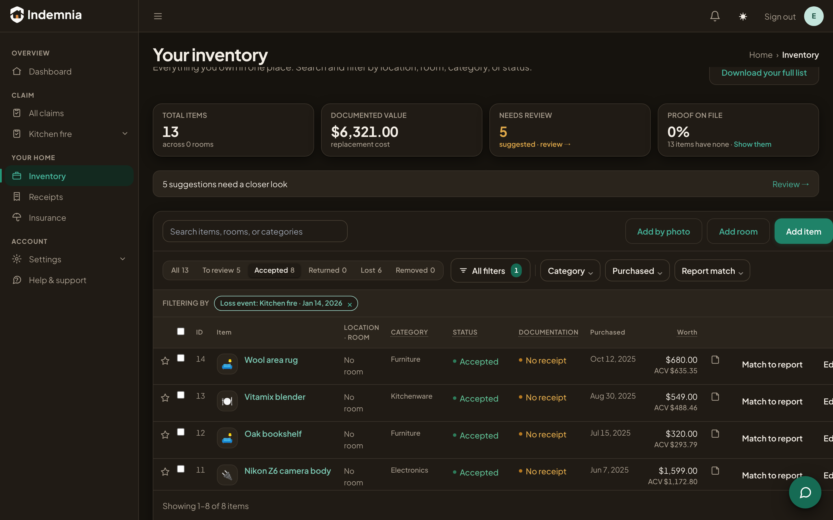 A household inventory listing items with their category, purchase date and value