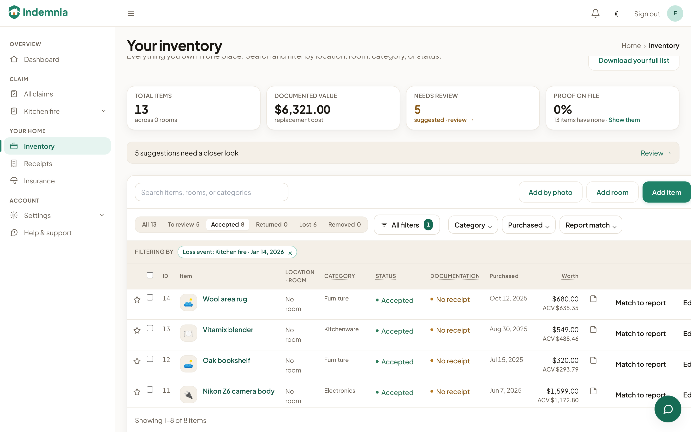A household inventory listing items with their category, purchase date and value