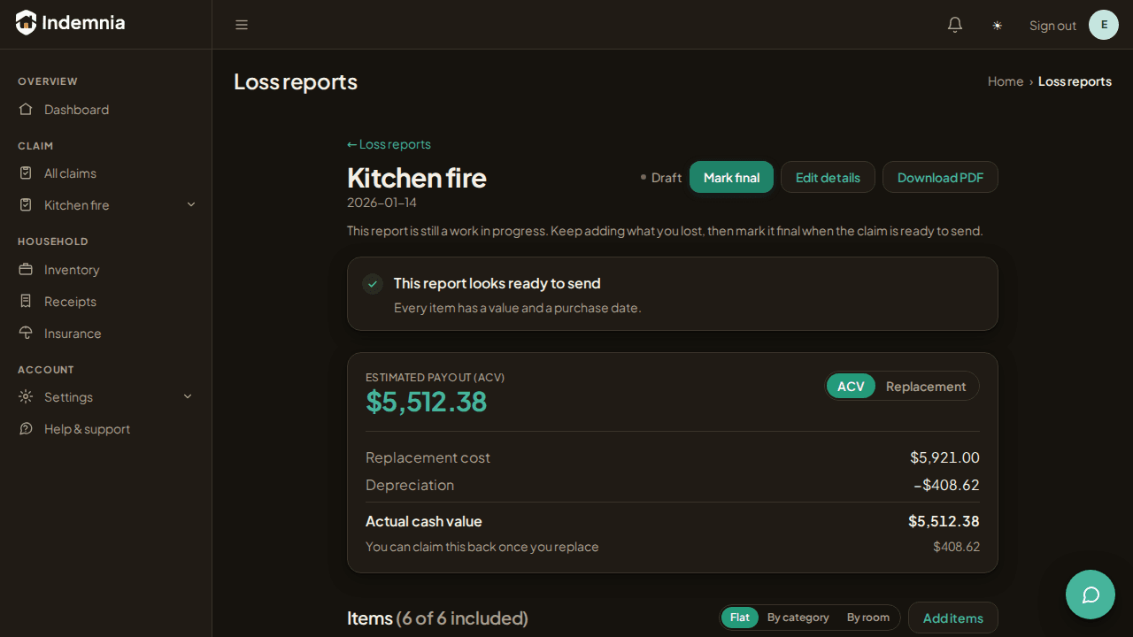 A loss report listing items with replacement cost, depreciation and Actual Cash Value, with a receipt attached to each line