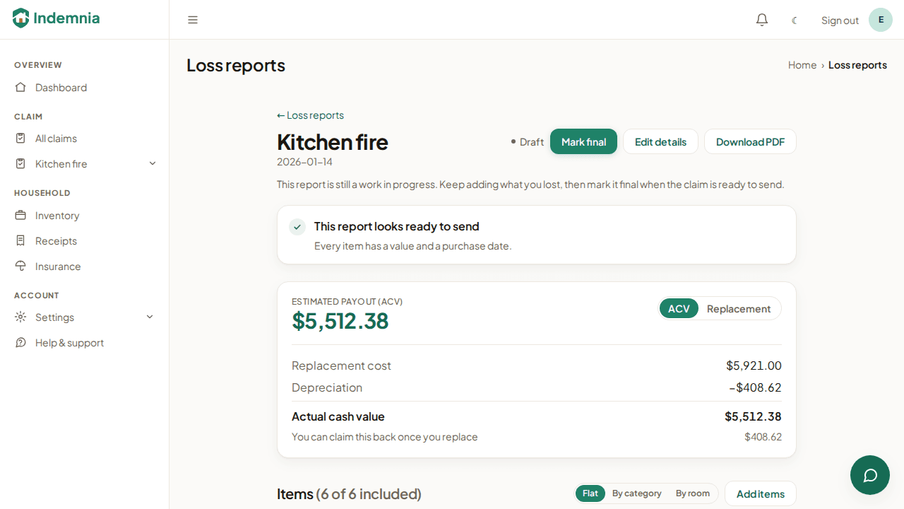 A loss report listing items with replacement cost, depreciation and Actual Cash Value, with a receipt attached to each line