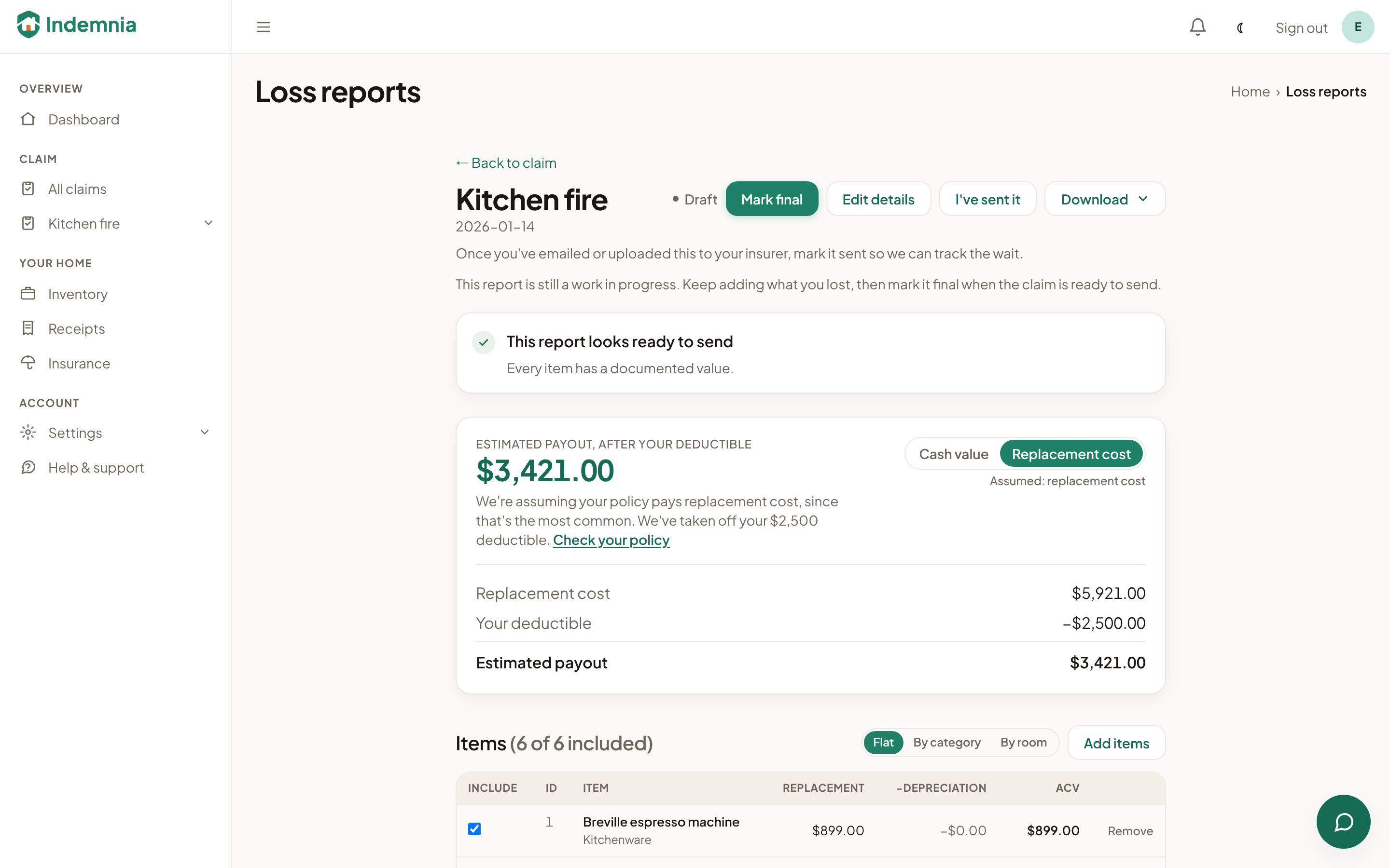 A loss report listing items with replacement cost, depreciation and actual cash value, each line carrying the receipt that proves it
