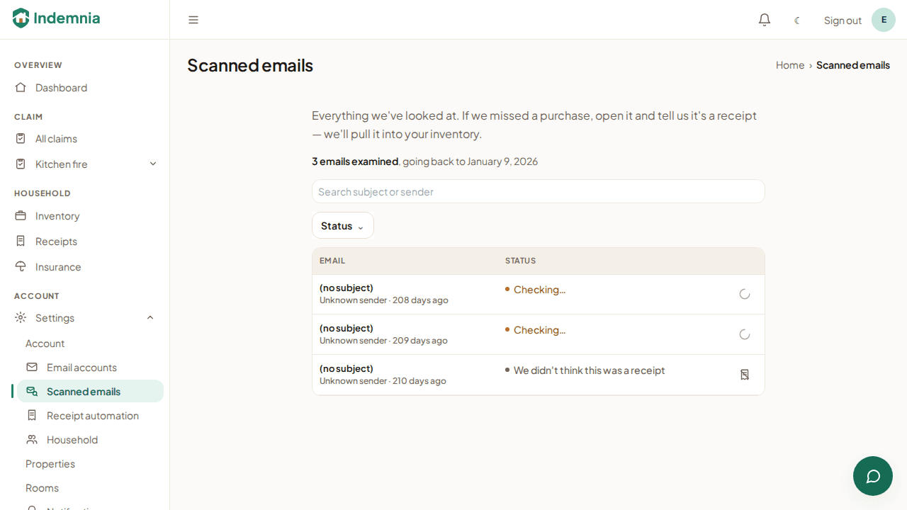 A list of scanned emails, each scored for how likely it is to be a receipt